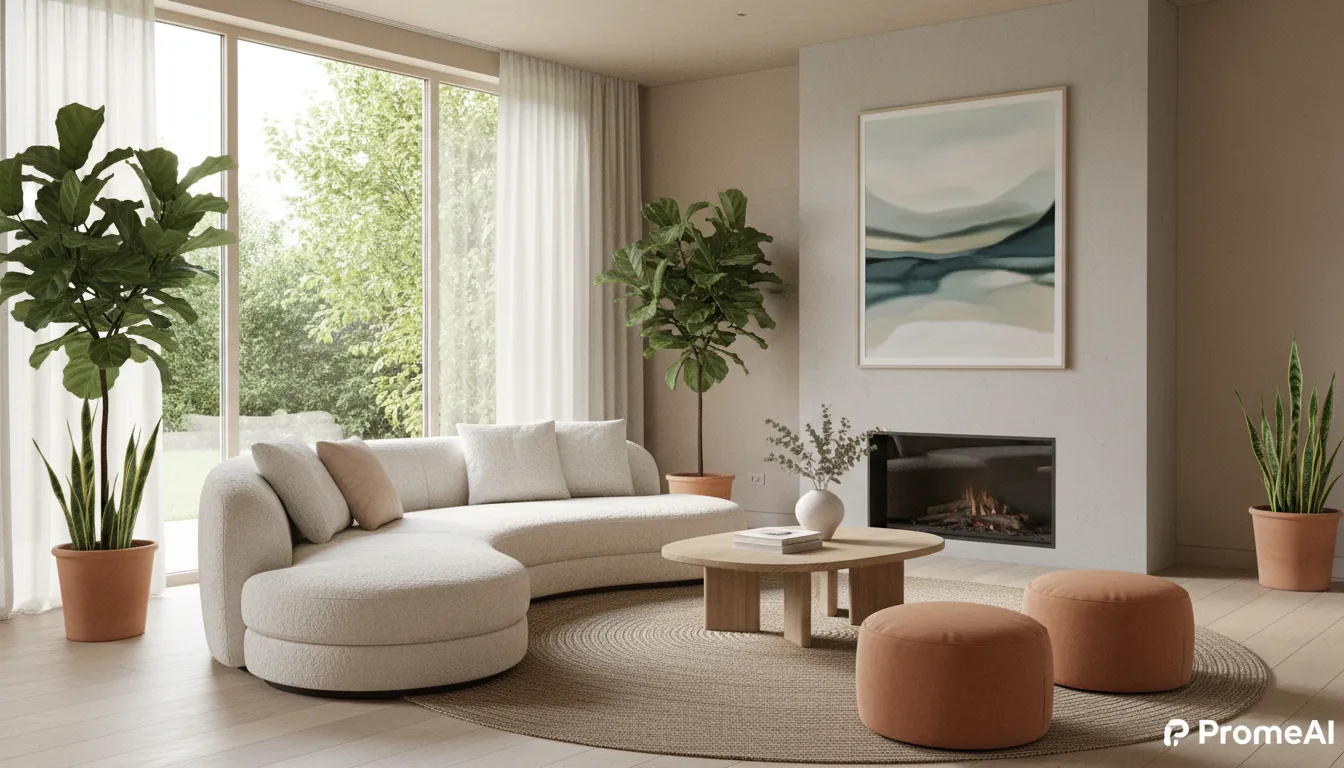 Ein fotorealistisches Wohnzimmer mit einem geschwungenen Sofa und weicher, natürlicher Beleuchtung, von PromeAI aus einer einfachen Skizze generiert.