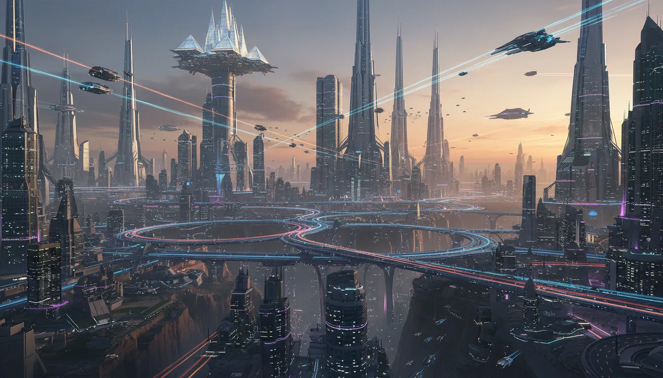 KI-generiertes fotorealistisches Bild einer mehrstöckigen futuristischen Stadt mit fliegenden Fahrzeugen und hoch aufragender Sci-Fi-Architektur.