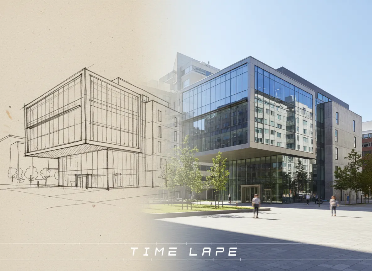 एक टाइमलैप्स-शैली की इमेज जिसमें एक इमारत का आर्किटेक्चरल स्केच तेज़ी से पूरी तरह से रेंडर किए गए बाहरी हिस्से में बदल रहा है।