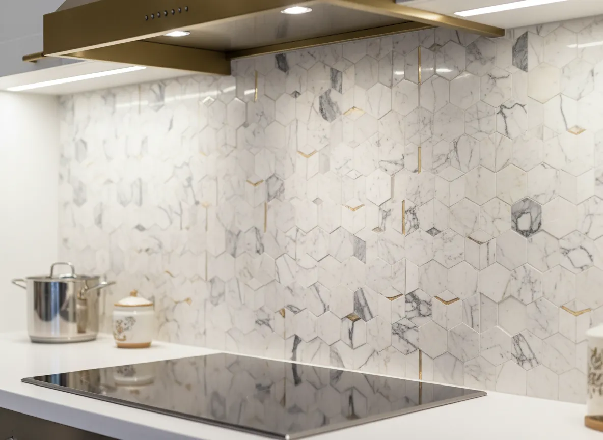 एक परिष्कृत किचन बैकस्प्लैश के लिए कैलाकैट्टा मार्बल मोज़ेक पैटर्न का एआई-जनित, अत्यधिक विस्तृत रेंडरिंग।