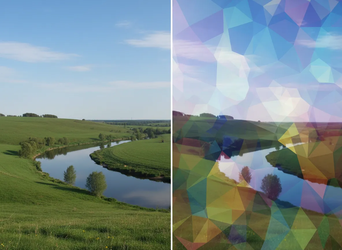 एक साधारण लैंडस्केप फ़ोटो को बाईं ओर और एक आश्चर्यजनक, अमूर्त ग्रेडिएंट प्रिज़्म संस्करण को दाईं ओर दिखाते हुए साथ-साथ तुलना।