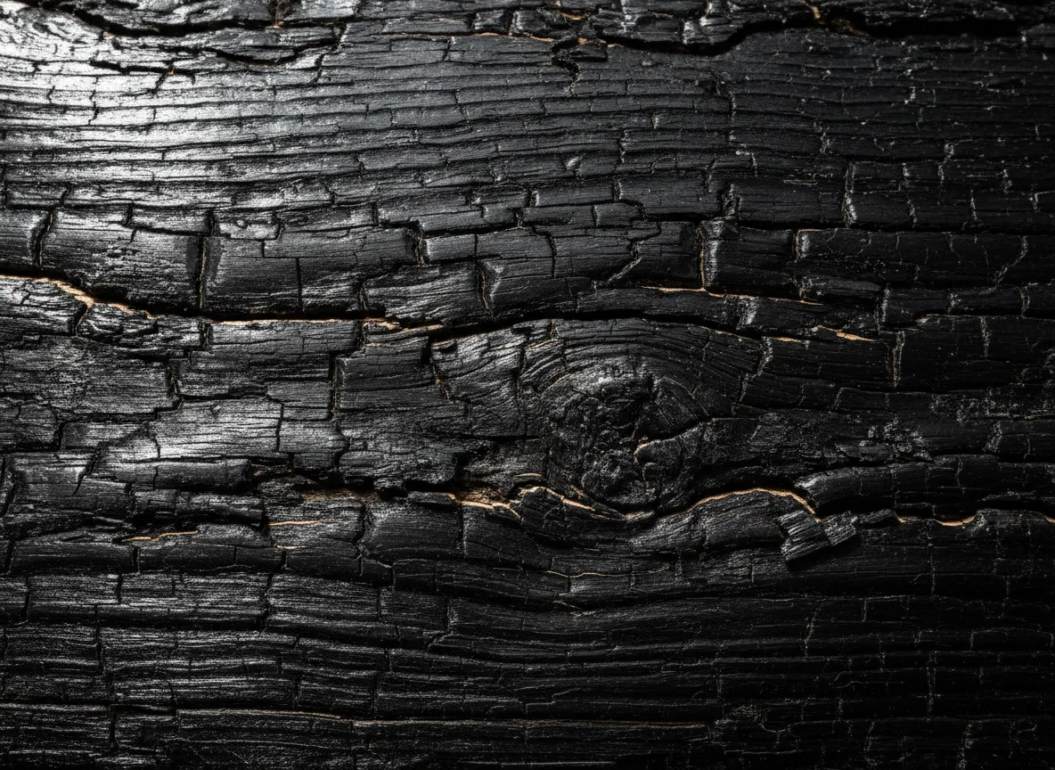 A close-up, high-detail rendering of a Shou Sugi Ban texture, highlighting the cracks and sheen of the carbonized wood.