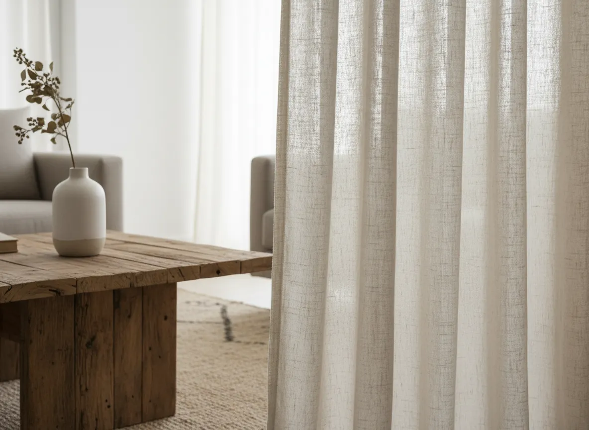 Nahaufnahme eines minimalistischen Wohnraums, die die Textur eines Leinenvorhangs und eines grob behauenen Holztisches hervorhebt.