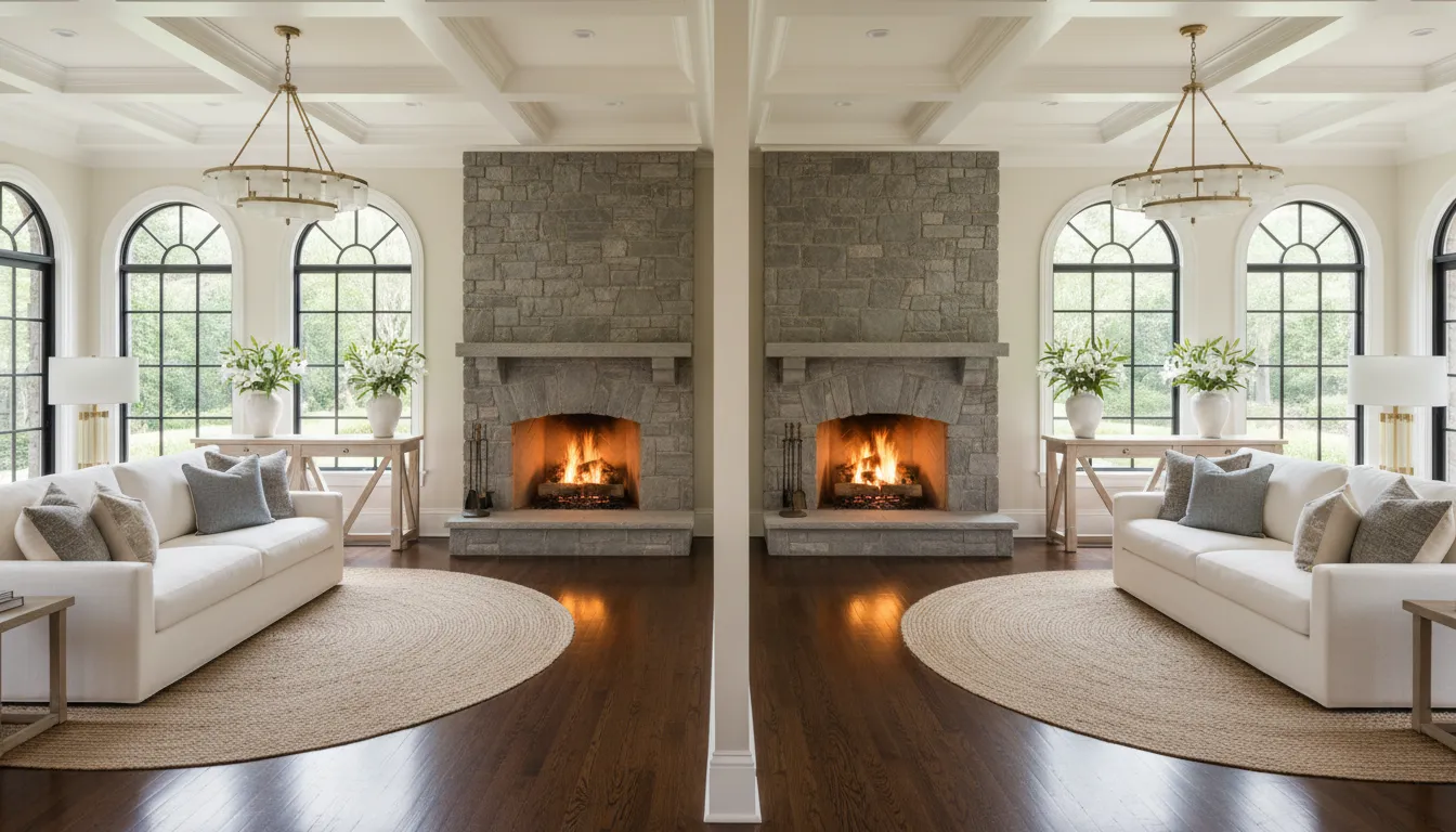 Ein fotorealistisches Rendering eines perfekt symmetrischen Wohnzimmers mit einem zentralen Kamin, flankiert von identischen weißen Sofas und Bogenfenstern.
