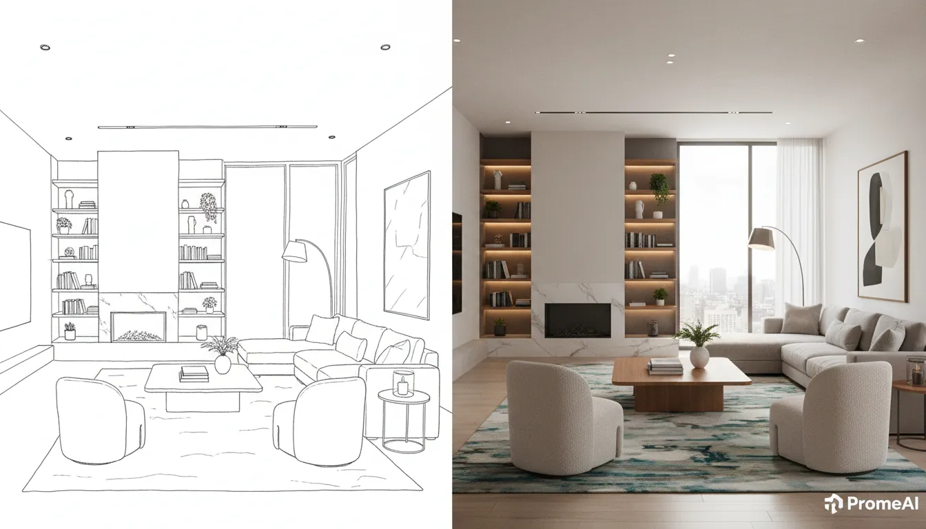 एक साथ-साथ तुलना जिसमें बाईं ओर एक साधारण काले और सफेद आर्किटेक्चरल लाइन स्केच और दाईं ओर PromeAI द्वारा बनाया गया एक फ़ोटो-यथार्थवादी, पूरी तरह से सुसज्जित आधुनिक लिविंग रूम का रेंडरिंग दिखाया गया है।
