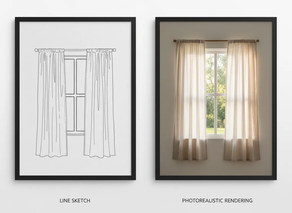 Confronto affiancato tra un semplice schizzo a linee di una finestra e un rendering fotorealistico della stessa finestra con tende in tessuto satinato.