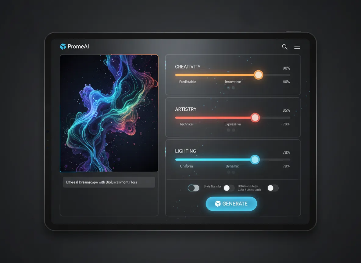 Eine Benutzeroberfläche des PromeAI-Tools, die erweiterte Einstellungsregler für 'Kreativität', 'Künstlerischer Stil' und 'Beleuchtung' zeigt und dem Benutzer eine fein abgestimmte Kontrolle ermöglicht.