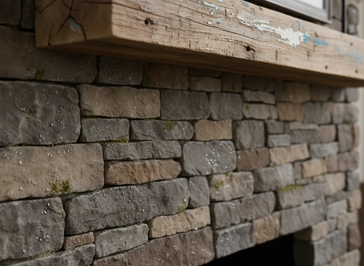 Un rendering IA ravvicinato che si concentra sulla texture realistica di un caminetto in pietra a secco accanto a una mensola in legno di recupero.