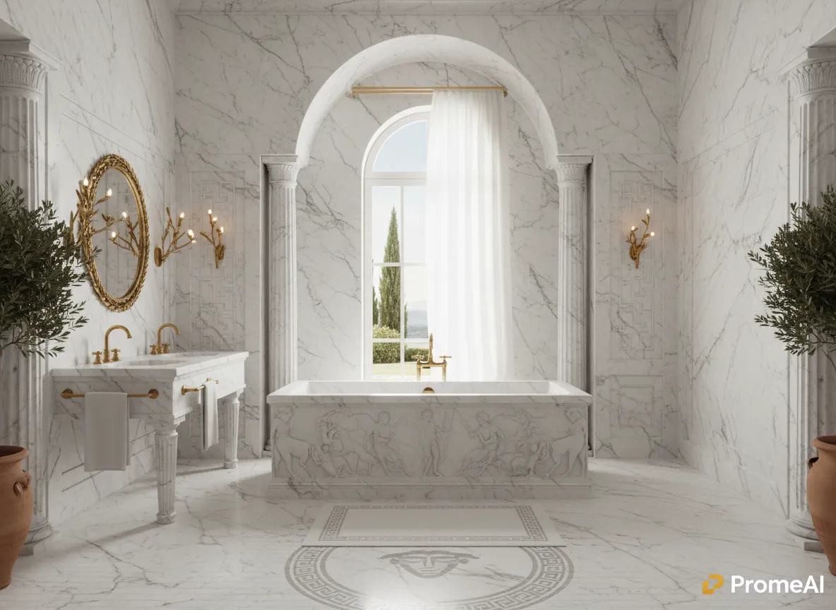 Ein KI-generiertes Bild von PromeAI eines luxuriösen Badezimmerkonzepts aus weißem Marmor mit griechisch inspirierten Details und eleganten Armaturen.