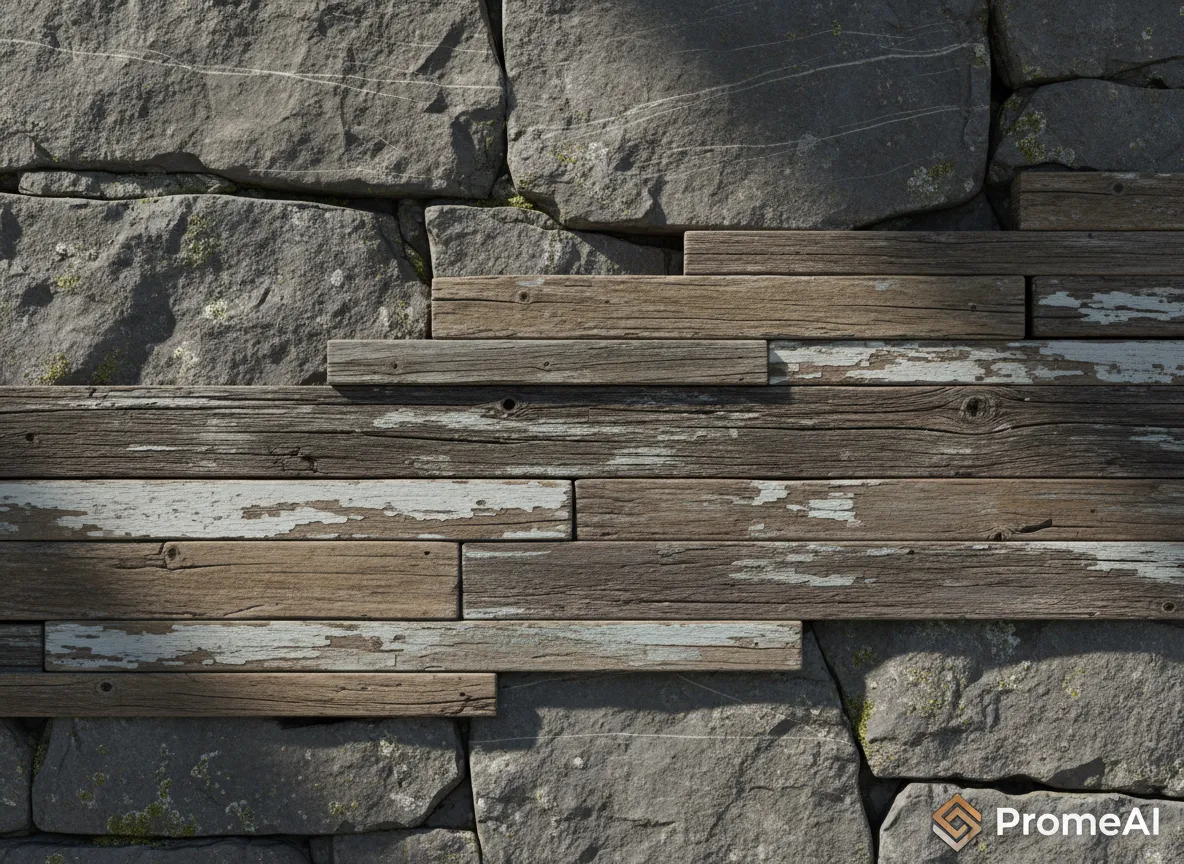 Nahaufnahme eines Renderings einer Akzentwand aus Holz und Stein, die die realistischen Texturen der Maserung und der Gesteinsoberfläche hervorhebt, generiert von PromeAI.