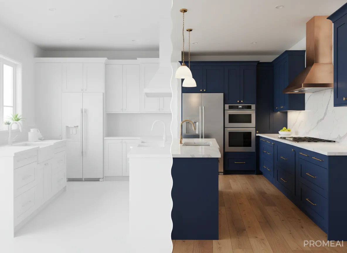 एक किचन का बिना टेक्सचर वाला 'व्हाइट मॉडल' जो PromeAI द्वारा उत्पन्न पूरी तरह से टेक्सचर वाले, फोटोरियलिस्टिक रेंडरिंग के बगल में है, जिसमें उपकरण और कैबिनेटरी पर प्रकाश डाला गया है।