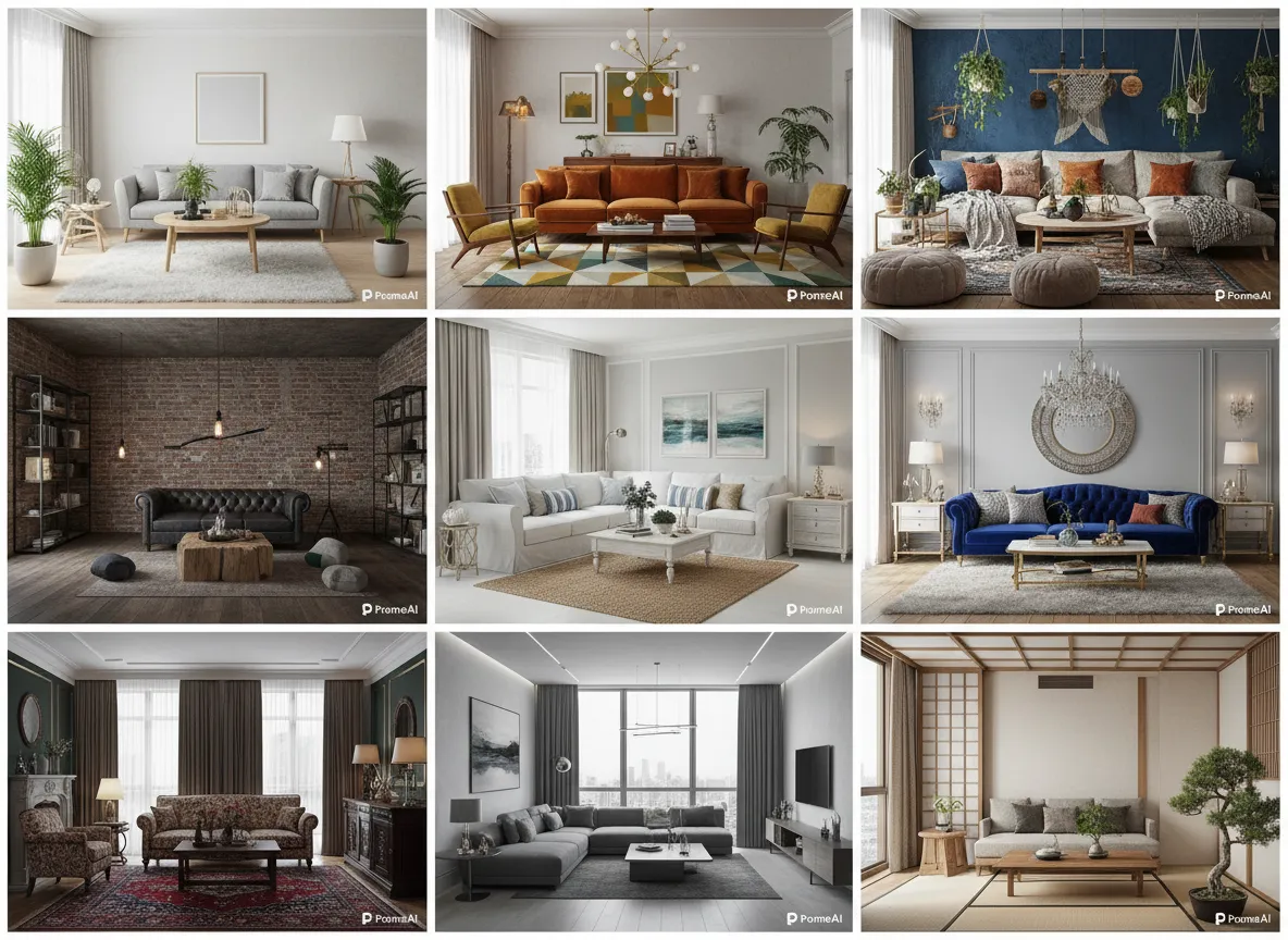 Ein Raster mit neun Einrichtungsvarianten für ein einziges Wohnzimmer, das verschiedene Möbelstile und Farbpaletten zeigt, die von PromeAI generiert wurden.