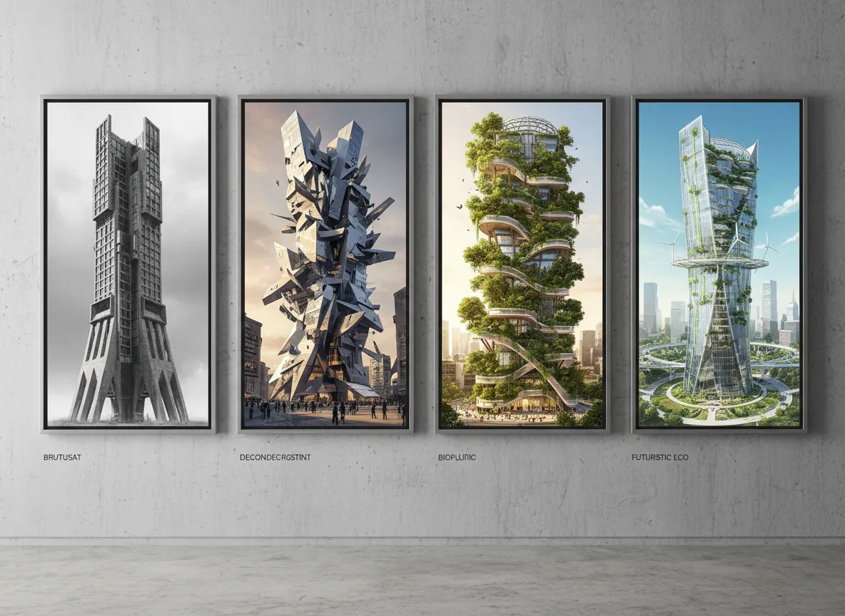 Eine Galerie mit vier verschiedenen Außenrenderings von Wolkenkratzern, die verschiedene Architekturstile von brutalistisch über dekonstruktivistisch bis hin zu biophil zeigen.