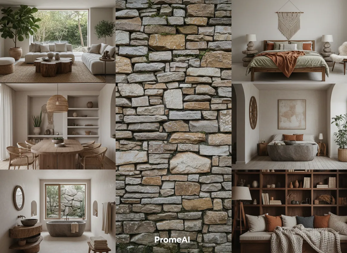 Mood board di immagini che mostrano interni con uno stile di design moderno organico e materico, incentrato su un rendering di PromeAI di un muro di pietra.