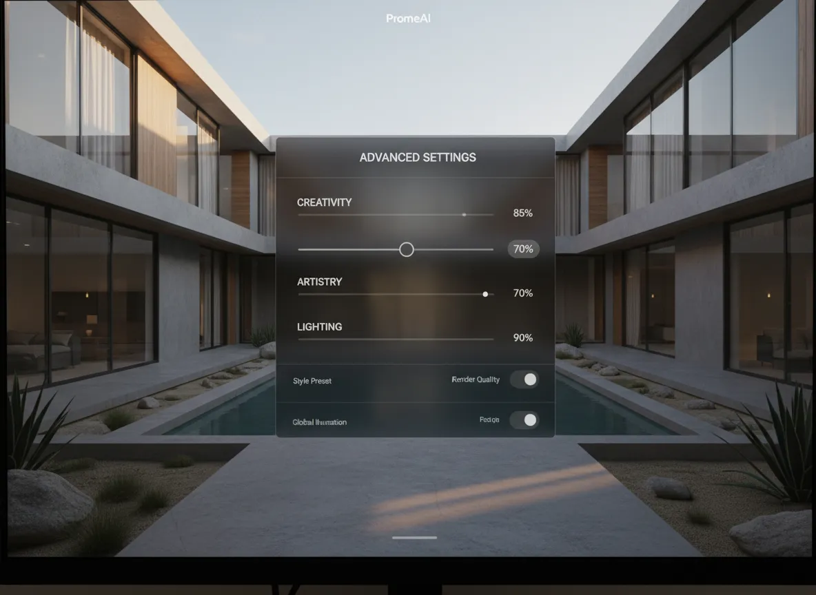 L'interfaccia utente di PromeAI che mostra cursori per le impostazioni avanzate di creatività, artisticità e illuminazione su un rendering del design di una casa a corte.
