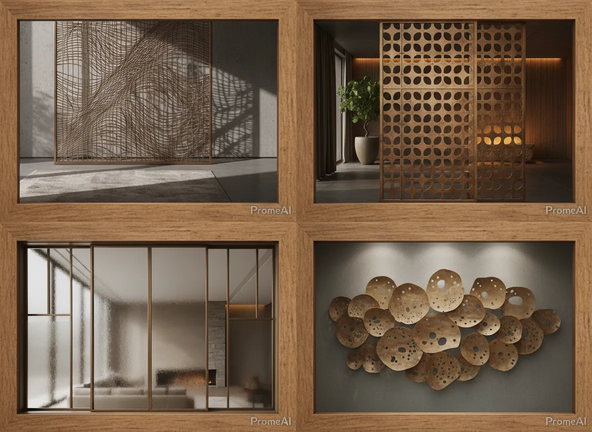 Ein Galerie-Raster, das vier verschiedene Designs von Bronze-Abschirmungen in einem Innenraum zeigt, einschließlich Gewebe-, perforierter und mattierter Stile, alle von PromeAI generiert.