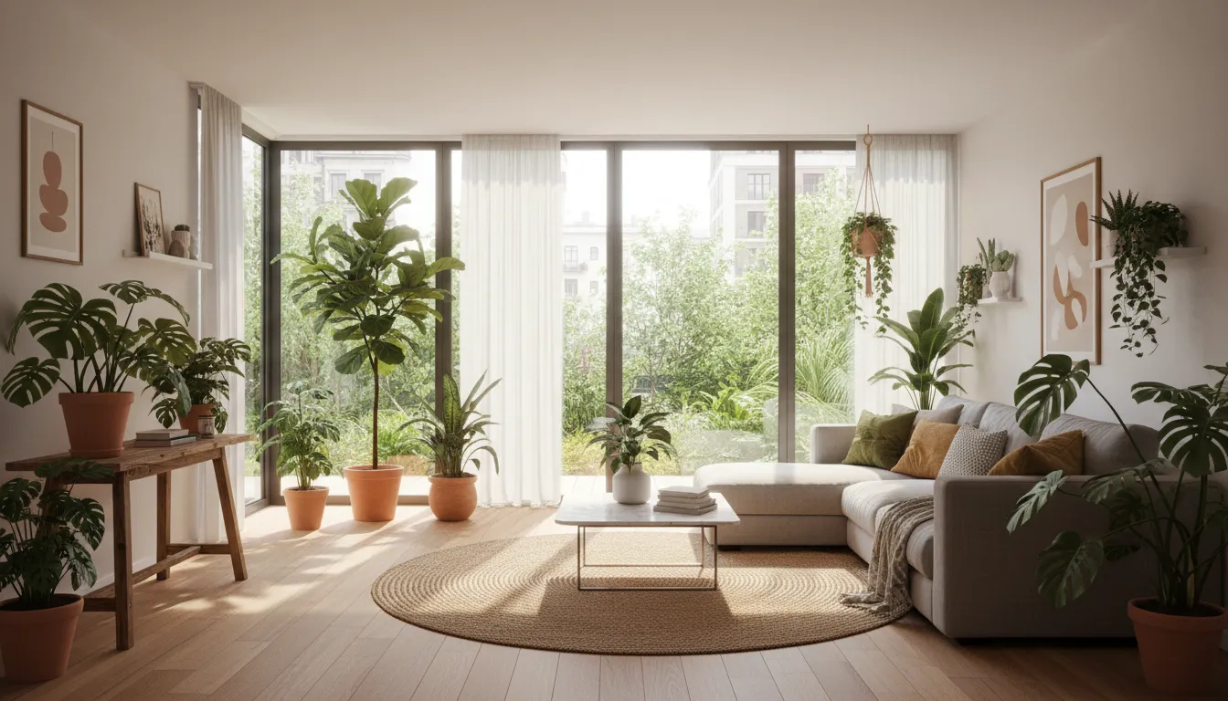 Fotorealistisches Rendering eines modernen Wohnzimmers mit großen Fenstern, natürlichen Holzböden und vielen Grünpflanzen, erstellt mit dem Stil ‚Natürliche Fusion‘ von PromeAI.