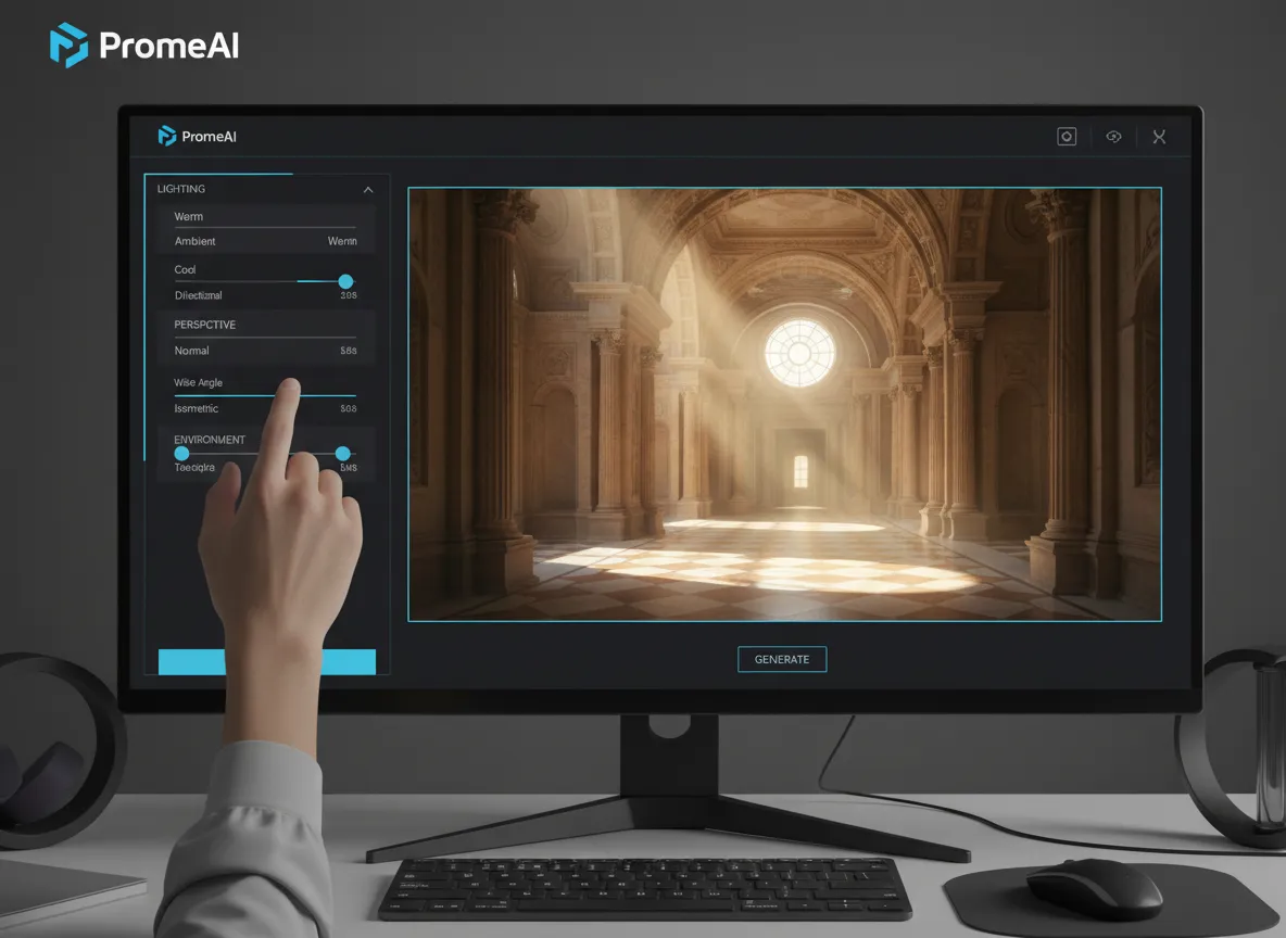 PromeAI इंटरफ़ेस जिसमें एक उपयोगकर्ता वास्तुशिल्प रूप से सममित हॉलवे की उत्पन्न छवि के बगल में प्रकाश और परिप्रेक्ष्य स्लाइडर्स को समायोजित कर रहा है।