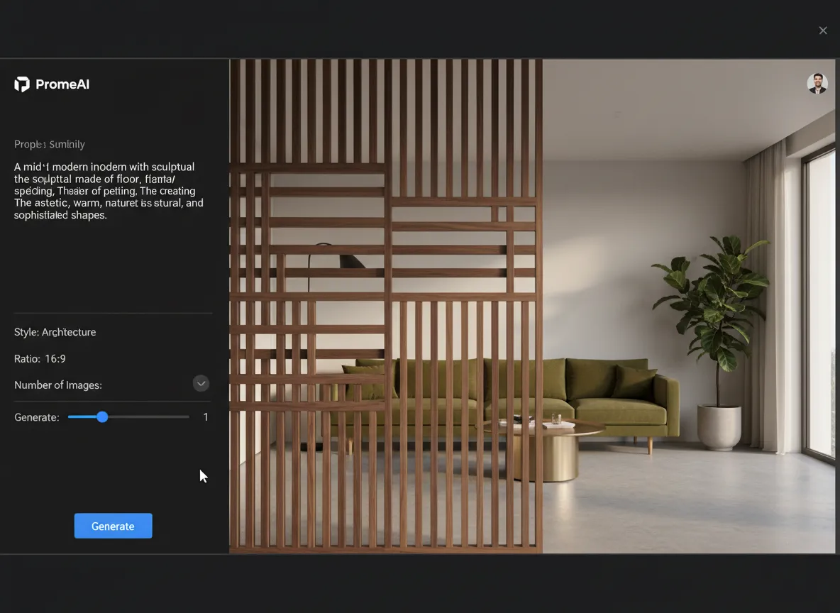 PromeAI-Benutzeroberfläche, die einen Benutzer zeigt, der eine detaillierte Anweisung für einen 'Mid-Century Modern Nussbaum-Lamellen-Raumteiler' neben dem generierten Bild eingibt.