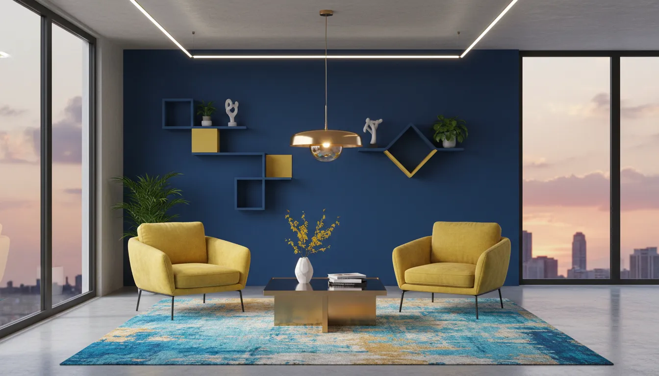 Ein modernes Wohnzimmer, entworfen mit PromeAI, das einen hohen chromatischen Kontrast mit einer tiefblauen Akzentwand und leuchtend gelben Sesseln zeigt.