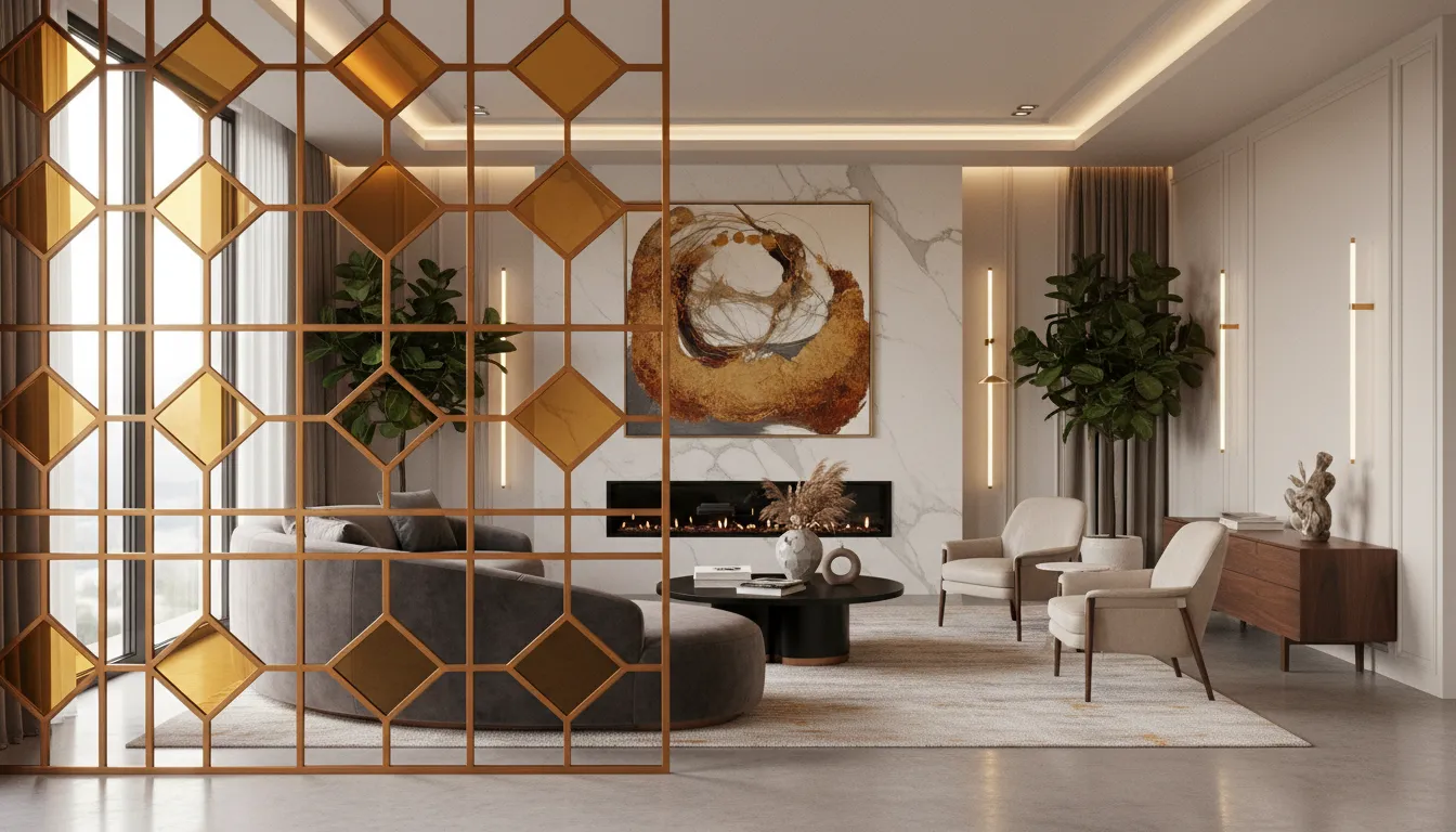 Ein fotorealistisches Rendering eines modernen Luxus-Wohnzimmers mit einem atemberaubenden bernsteinfarbenen Stahlgitter als dekorativem Raumteiler.