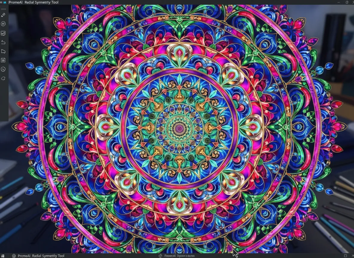 PromeAI में रेडियल सिमिट्री ड्रॉइंग टूल का उपयोग करके बनाया गया एक जटिल, रंगीन मंडला पैटर्न।