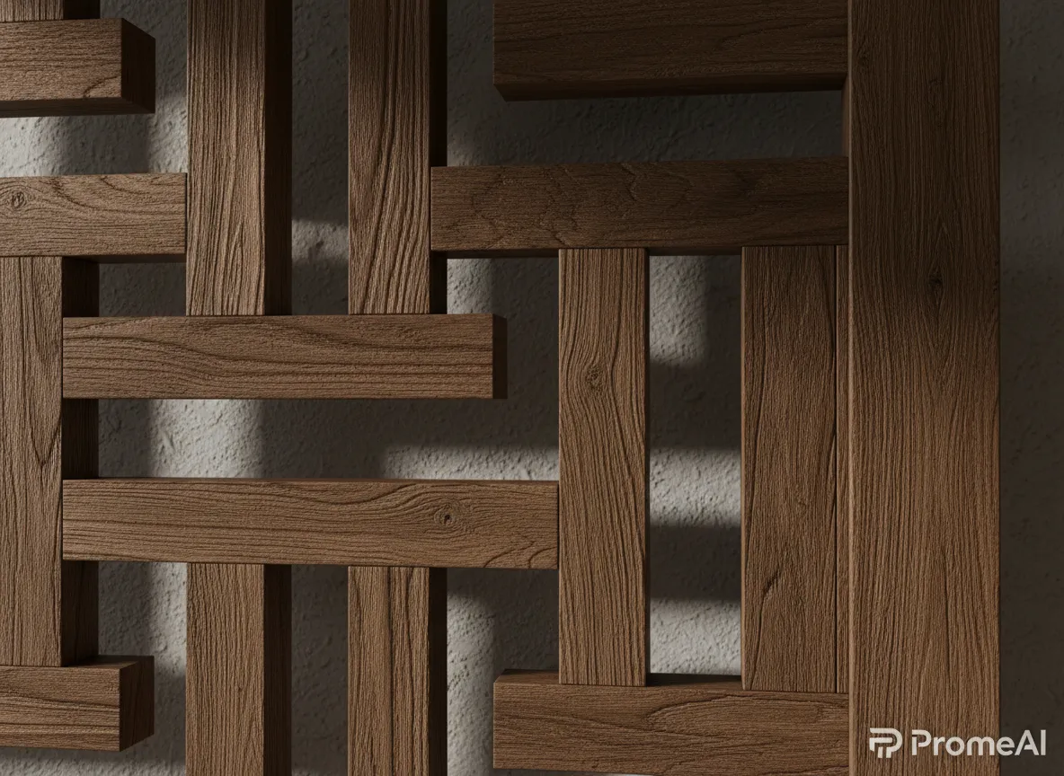 Nahaufnahme eines maßgefertigten Holz-Raumteilers, die die realistische Holzmaserung und die von PromeAI erzeugten Schattendetails hervorhebt.