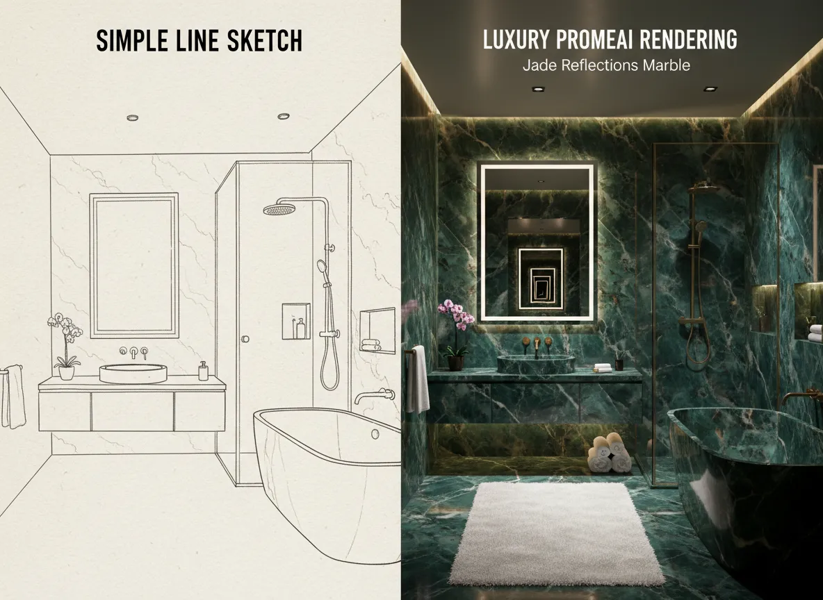 एक बाथरूम के साधारण लाइन स्केच और उसी जगह के PromeAI रेंडरिंग की साथ-साथ तुलना, जिसमें Jade Reflections संगमरमर के साथ एक लक्ज़री बाथरूम डिज़ाइन दिखाया गया है।