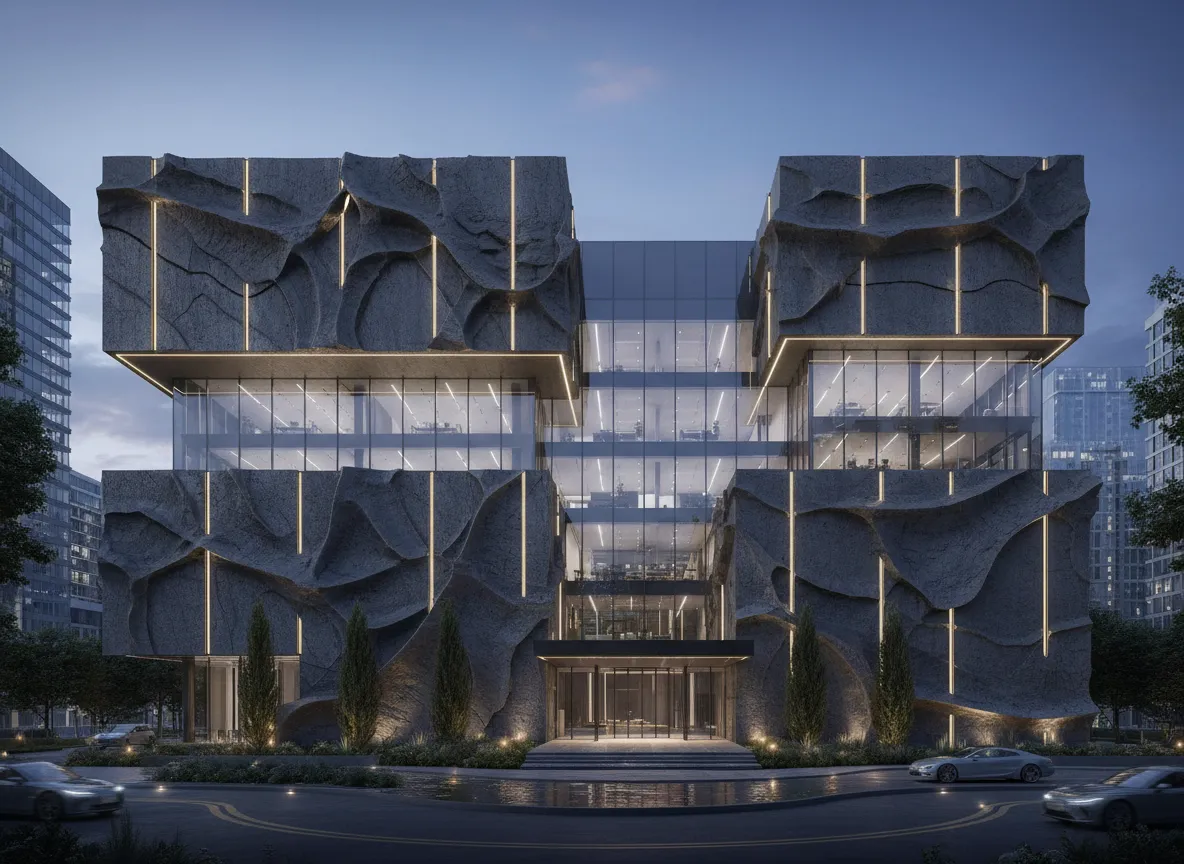 एक आधुनिक कार्यालय भवन के बाहरी हिस्से का एक आर्किटेक्चरल रेंडरिंग, जिसमें AI के साथ जेनरेट की गई नाटकीय फर्श से छत तक बेसाल्ट वॉल क्लैडिंग दिखाई दे रही है।