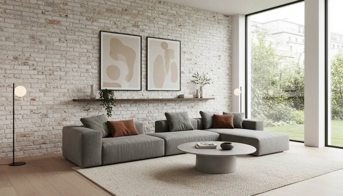 KI-generiertes fotorealistisches Rendering eines modernen Wohnzimmers mit einer atemberaubenden Akzentwand aus italienischem Kalkziegel hinter einem Sofa.