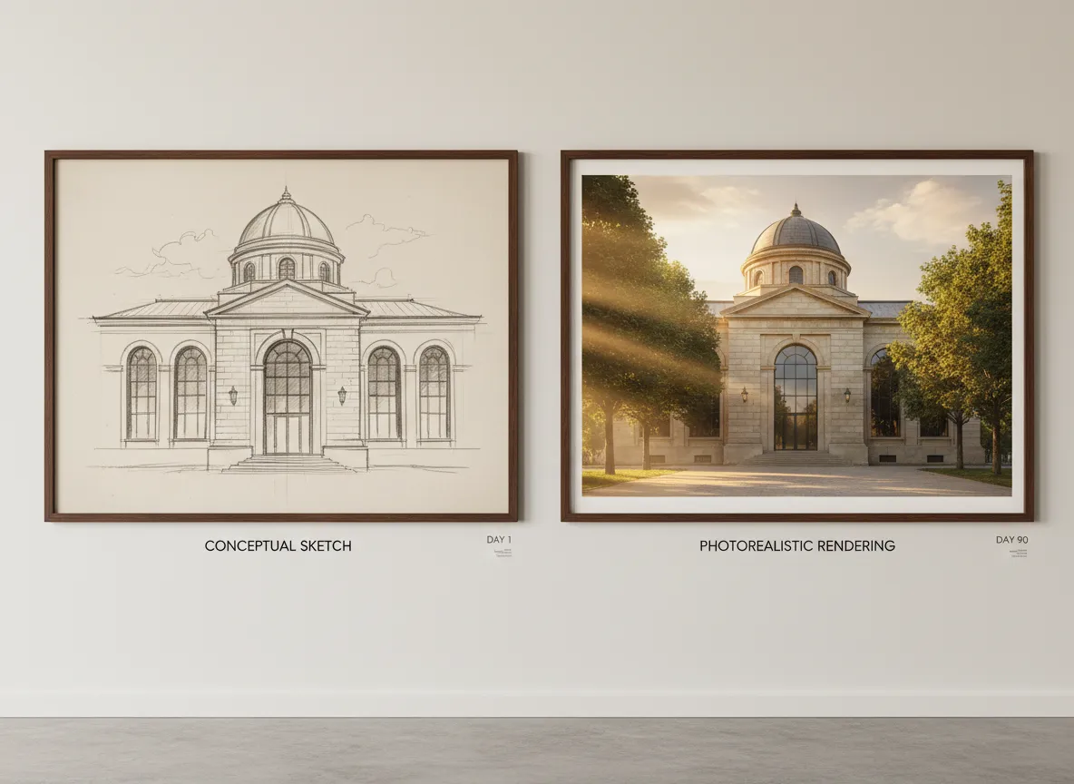 Gegenüberstellung einer einfachen Architekturskizze und eines fotorealistischen Renderings mit komplexer natürlicher Lichtdarstellung.