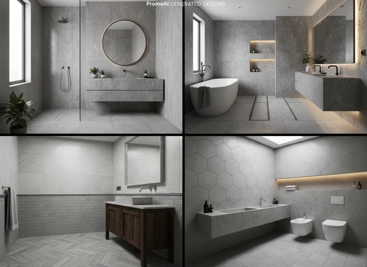 PromeAI द्वारा बनाए गए चार अलग-अलग बाथरूम डिज़ाइनों का एक ग्रिड, जो दीवारों, फर्श और वैनिटी पर नॉर्डिक ग्रे स्टोन के विभिन्न उपयोगों को प्रदर्शित करता है।