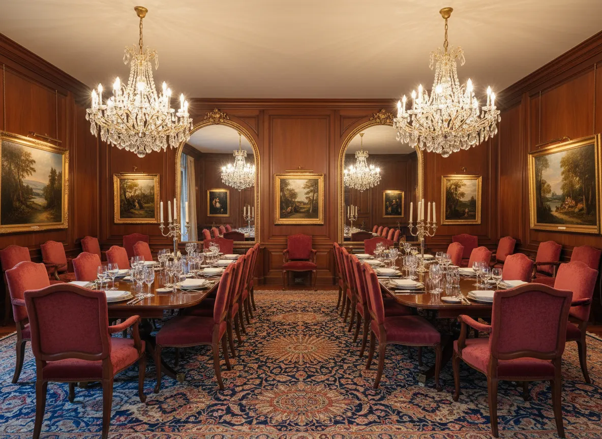 एक औपचारिक डाइनिंग रूम का इंटीरियर शॉट जहाँ कुर्सियाँ, लाइटिंग फिक्स्चर और वॉल आर्ट टेबल के दोनों ओर पूरी तरह से प्रतिबिंबित होते हैं।