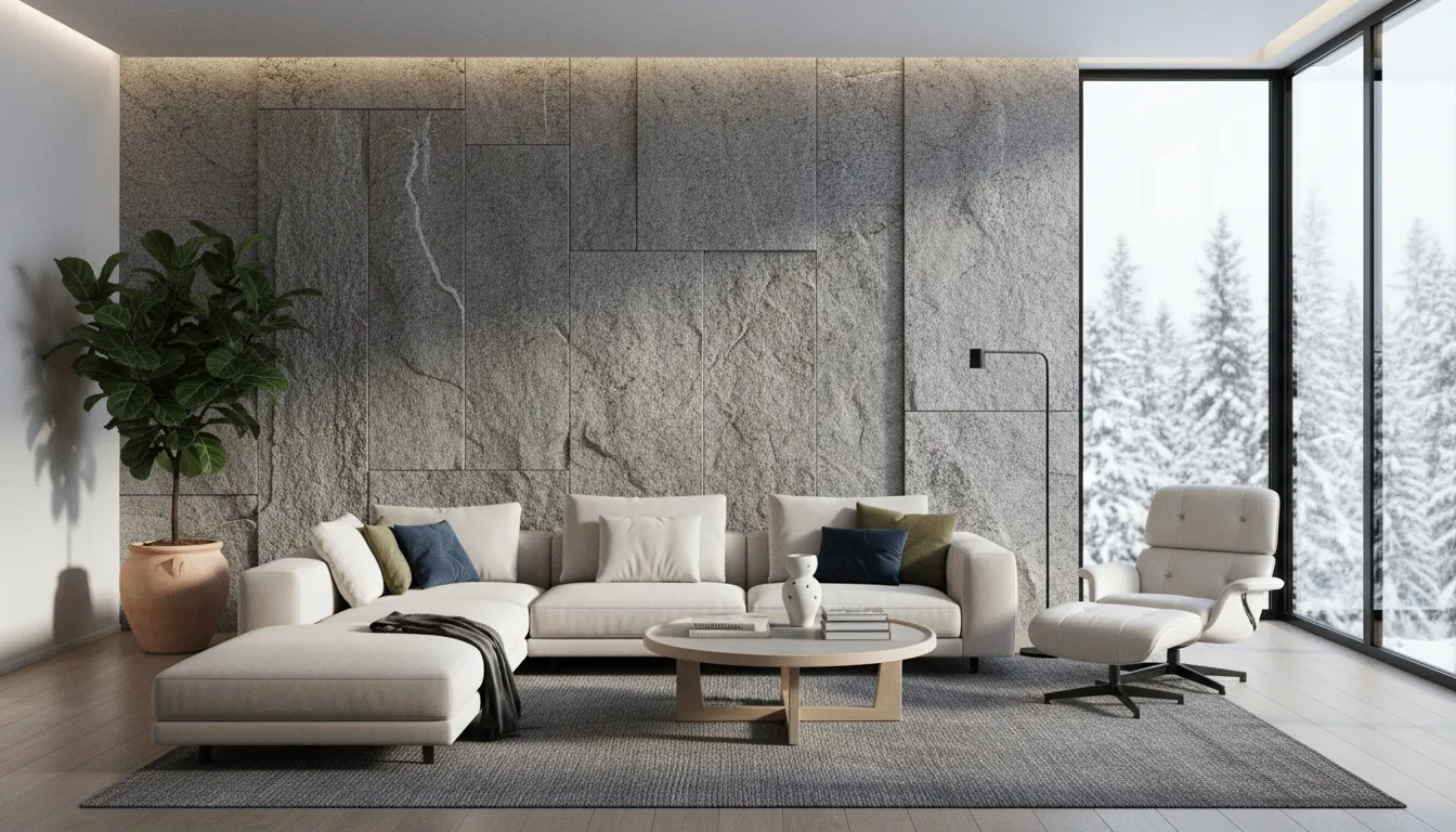 एक आधुनिक लिविंग रूम की फ़ोटोरियलिस्टिक रेंडरिंग, जिसमें शानदार नॉर्डिक ग्रे स्टोन एक्सेंट वॉल और मिनिमलिस्ट फ़र्नीचर है।