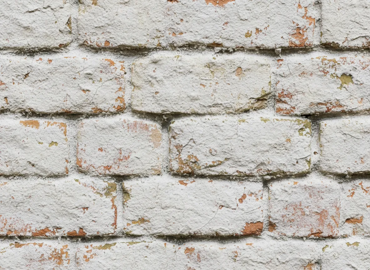 Eine hochdetaillierte KI-Nahaufnahme einer gekalkten Ziegelwand, die komplizierte Texturen, Fugen und subtile Farbvariationen zeigt.