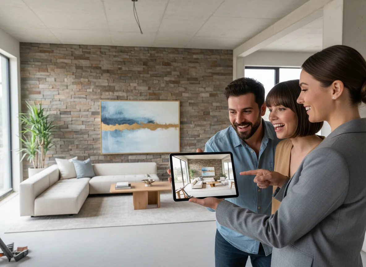 एक रियल एस्टेट एजेंट ग्राहकों को एक टैबलेट प्रस्तुत कर रहा है, जिसमें उनके भविष्य के लिविंग रूम की AI-जनित छवि दिखाई गई है जिसमें एक सुंदर स्टोन एक्सेंट वॉल है।