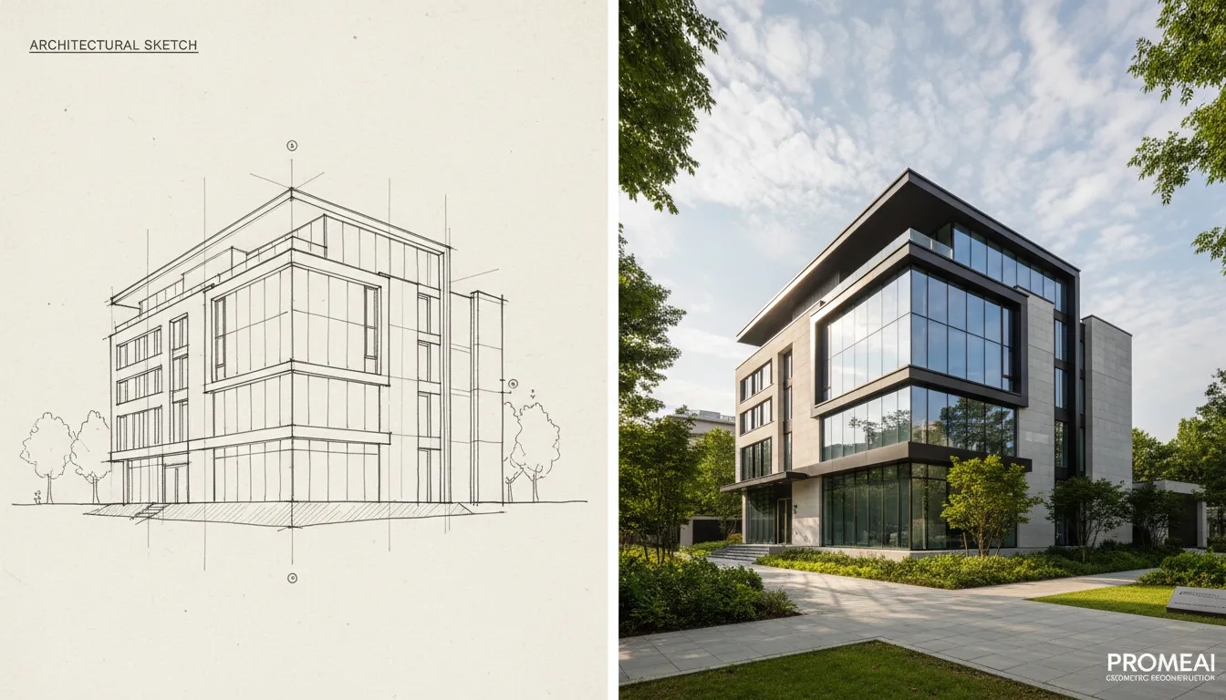 एक साथ-साथ तुलना जिसमें बाईं ओर एक साधारण आर्किटेक्चरल लाइन स्केच और दाईं ओर PromeAI के ज्यामितीय पुनर्निर्माण का उपयोग करके बनाई गई तैयार इमारत की एक फोटो-यथार्थवादी रेंडरिंग दिखाई गई है।