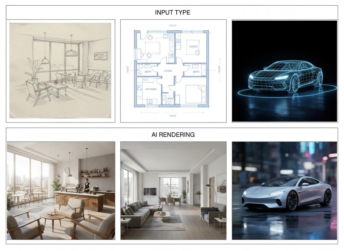 Ein Raster, das verschiedene Eingabetypen zeigt – eine Serviettenskizze, einen Grundriss, ein 3D-Modell – und ihre entsprechenden realistischen KI-Renderings.