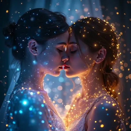"Hyper-realistic portrait photography of people interconnected with luminous patterns of light energy, vibrant and intricate energy lines weaving between individuals, soft glowing aura around each per