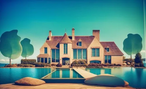 glass bricks tiles garden sunlight blue sky landscape people lake trees seaside waterfront,a house by the water has large trees and grass,house silhouette,pool house,luxury property,beautiful home,hou