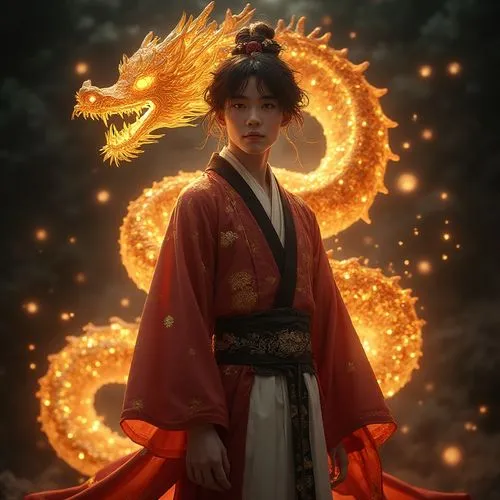 Create a striking fantasy character design featuring a young male dressed in an ornate red and white traditional kimono with black accents. He stands confidently, surrounded by an ethereal, glowing go