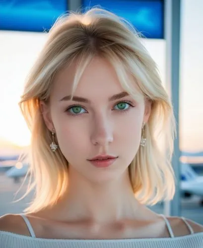 An anime portrait of a beautiful young woman with long blonde hair flowing for her shoulder, green eyes stand up on airport floor at sunrise. She is wearing ight blue sleeveless top, having porcelain