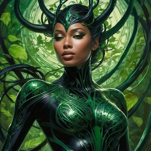 Black and green female symbiote.,hela,dryad,enchantress,the enchantress,dryads,niobe,anahata,patrol,viv,vodun,verde,green skin,fantasy woman,medusa,background ivy,ororo,verdant,verte,erykah,amerykah,C