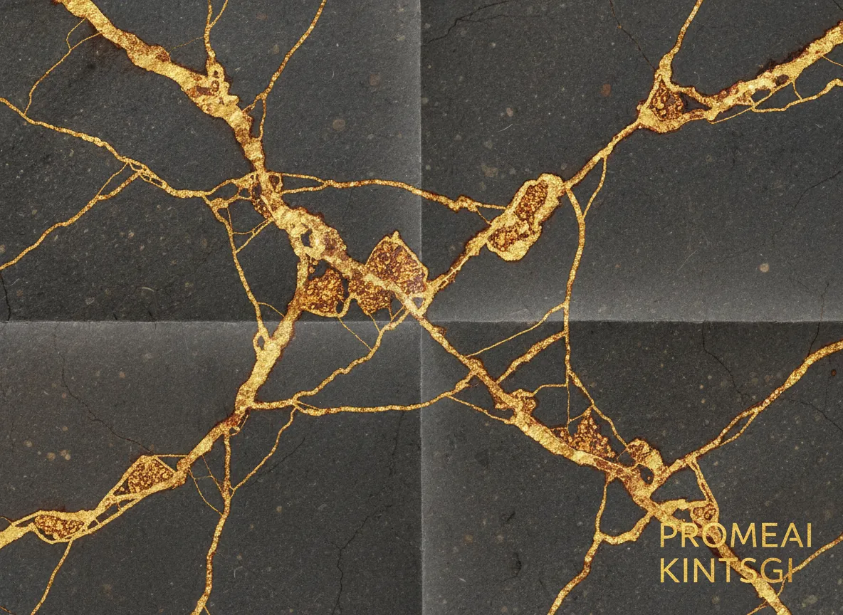 PromeAI द्वारा बनाए गए किंटसुगी पोस्टर का एक नज़दीकी दृश्य, जो एक गहरे रंग के पत्थर पर सुनहरी दरारदार बनावट में यथार्थवादी विवरण को उजागर करता है।
