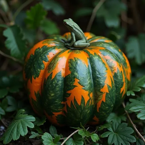A rainforest-inspired pumpkin painted in lush greens and tropical leaf patterns, with a small tree frog perched on top. Surrounded by faux vines and tropical plants, it offers an exotic twist on autum