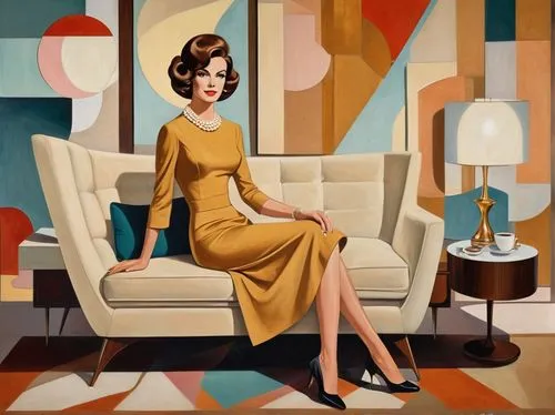 Retro 1960s interior, vintage modernist style, elegant mature lady, curly brown hair, subtle makeup, pearl necklace, fitted waist, A-line dress, high heels, sitting on a velvet sofa, luxurious living 