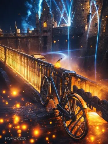 Велосипед,artwork work depicting an illuminated night scene with lights on and a bicycle leaning on a railing,drawing with light,angel bridge,light trail,fireworks art,illuminations,dragon bridge