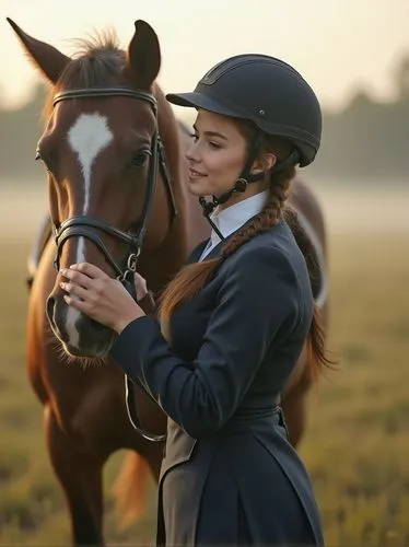 A poised equestrian preparing her horse for a ride in an open field. She’s in her late 20s, with a calm expression and neatly braided hair tucked under a riding helmet. Dressed in a classic equestrian