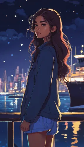 (zendaya:1.3) long hair girl at night beach ship city lights,on the pier,boardwalk,city lights,sea night,dusk background,rooftop,stargazing,harbor,girl on the river,summer evening,dock,seaside,nightti