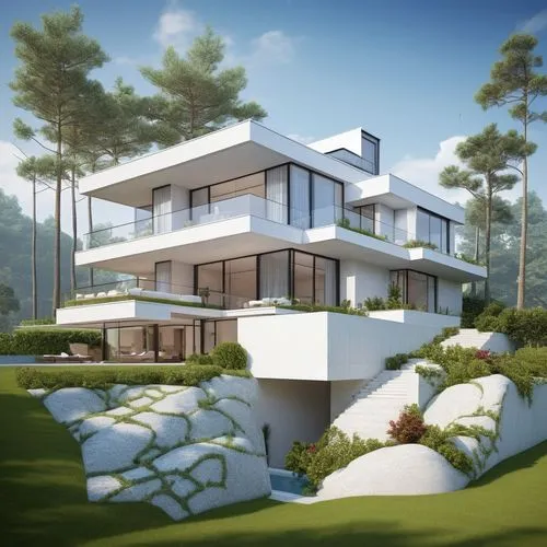 

Create a high-definition image of a modern two-story villa with a clean white facade, set in a lush garden. The villa should feature large floor-to-ceiling windows that reveal a chic, minimalist int